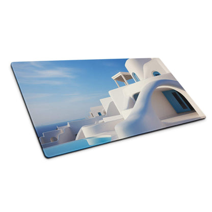 Santorini blue white glass cutting board with Greek architecture print