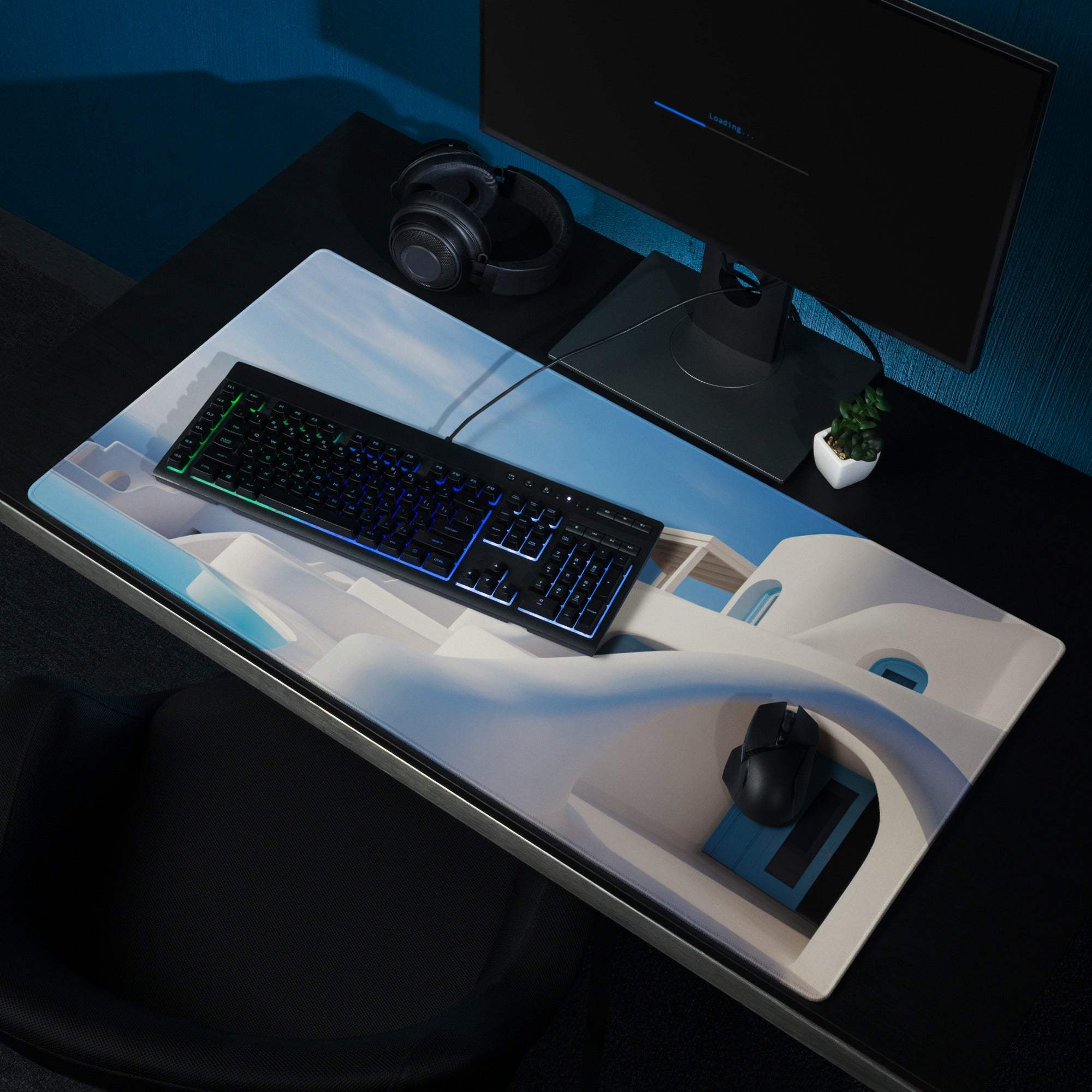 Santorini blue and white minimalist gaming mousepad with arches design