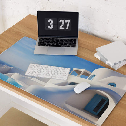 Santorini blue and white Greek buildings desk mat mouse pad