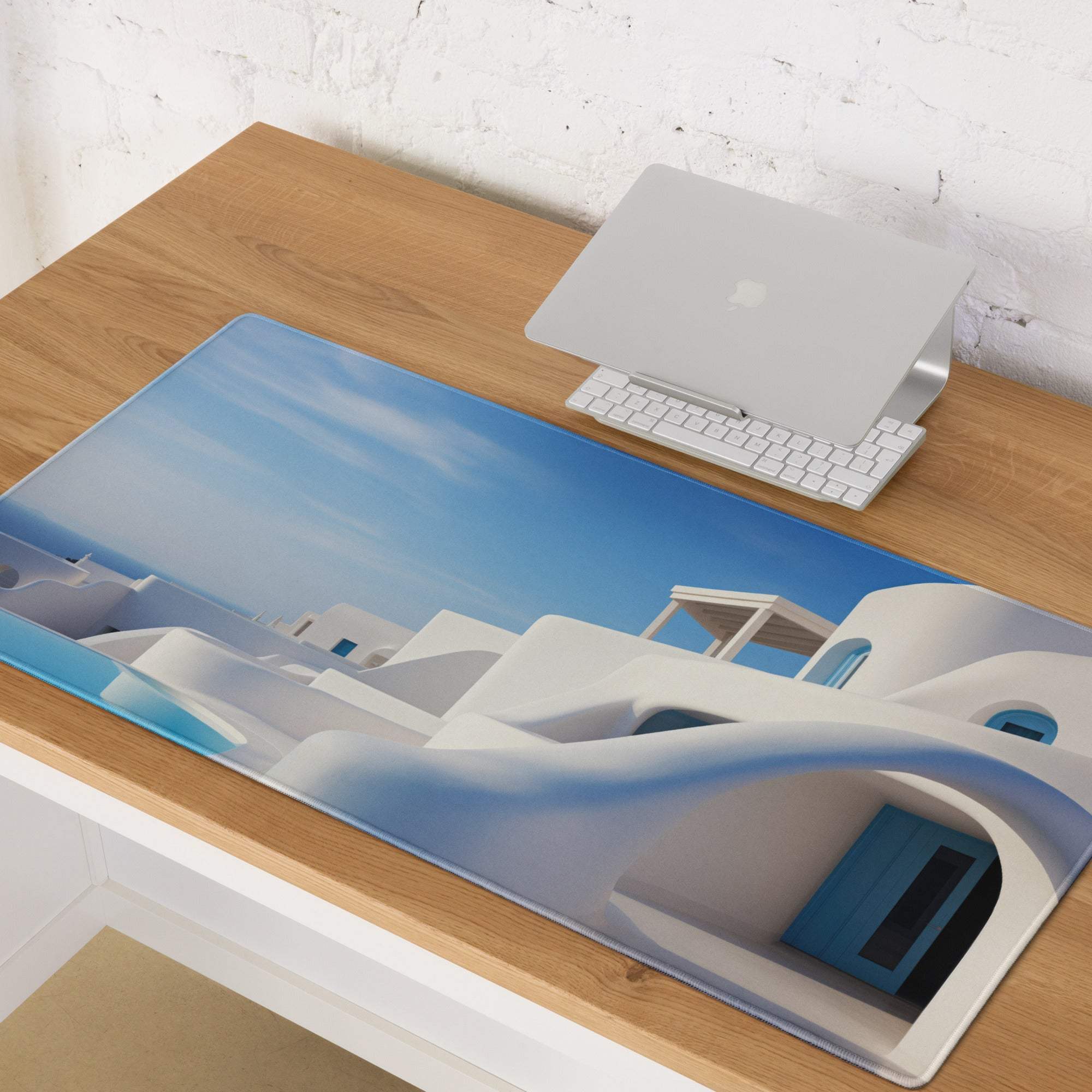 Santorini blue and white minimalist gaming mouse pad with Greek island print