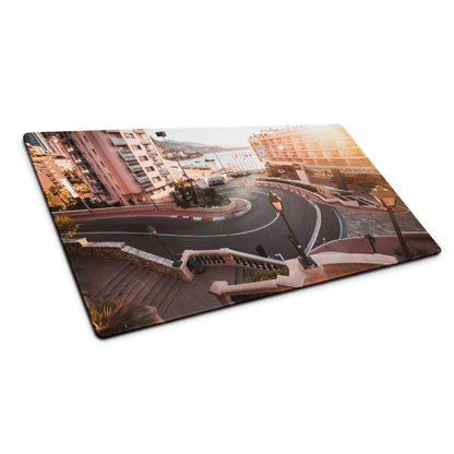 Urban sunset coastal street mouse pad with stitched edges