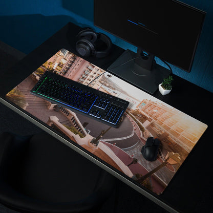 Urban sunset cityscape gaming mouse pad with large surface and stitched edges