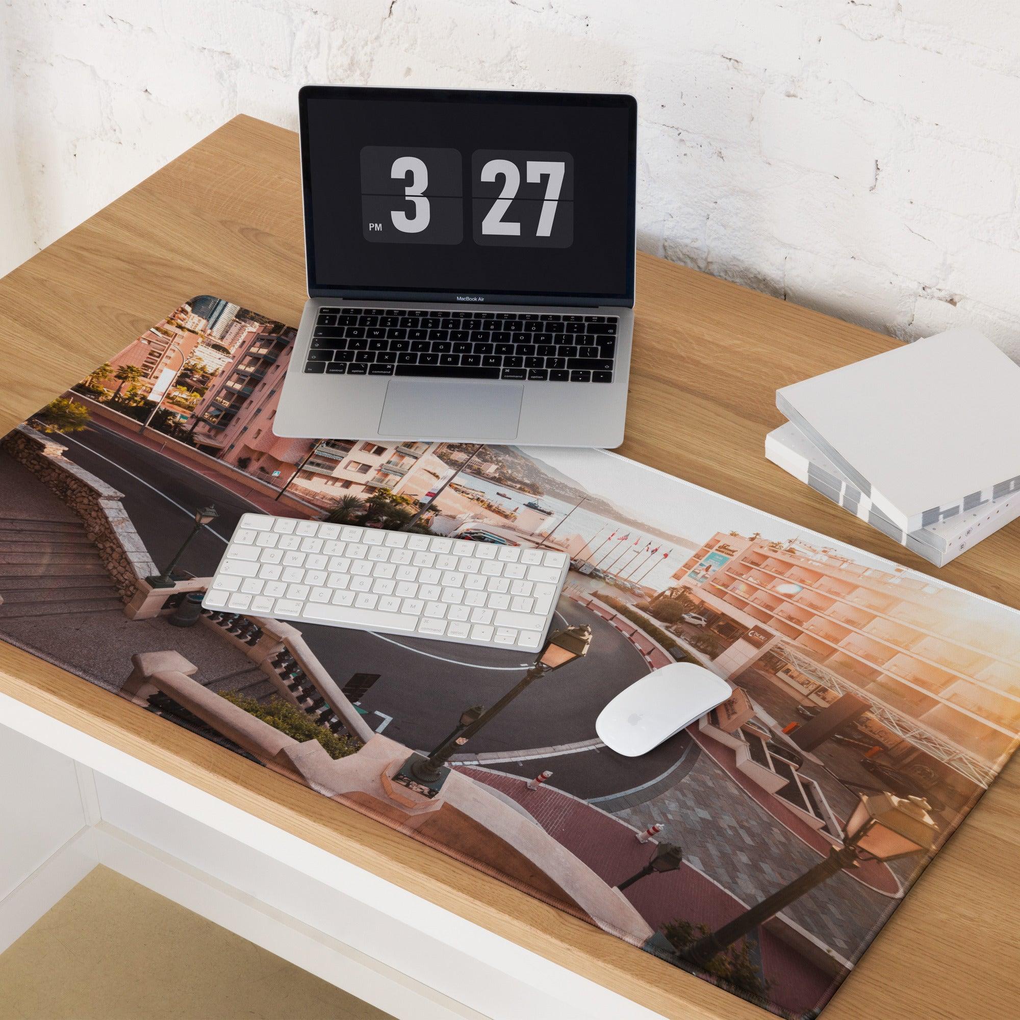 Urban sunset cityscape gaming mouse pad with large surface, non-slip base, stitched edges