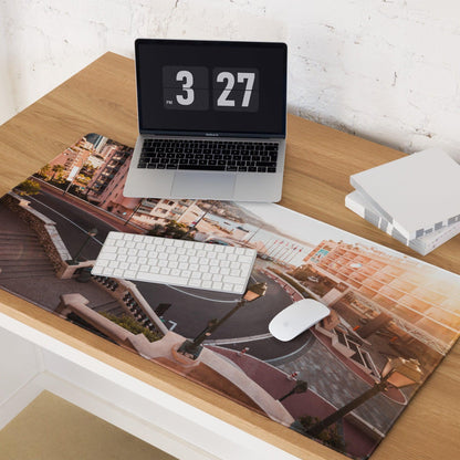 Urban sunset cityscape gaming mouse pad with large surface, non-slip base, stitched edges