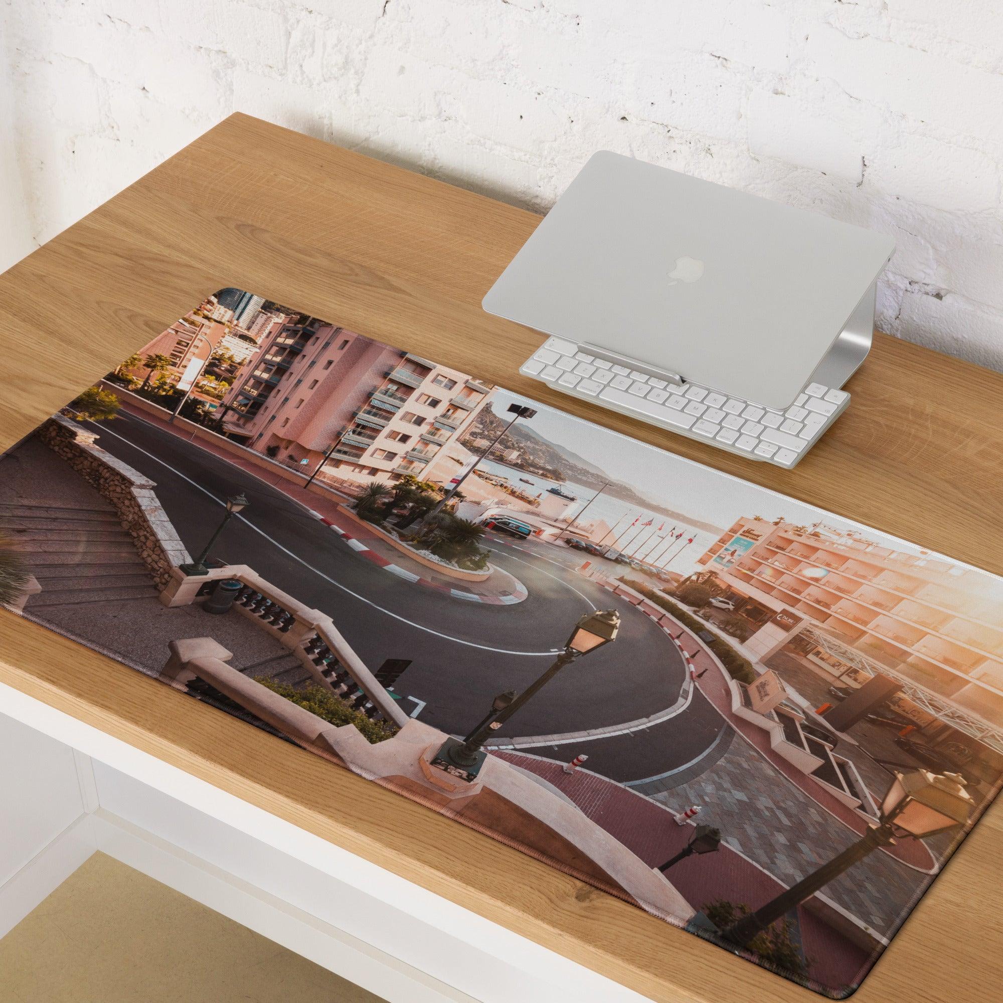 Urban sunset cityscape gaming mouse pad with large non-slip stitched surface