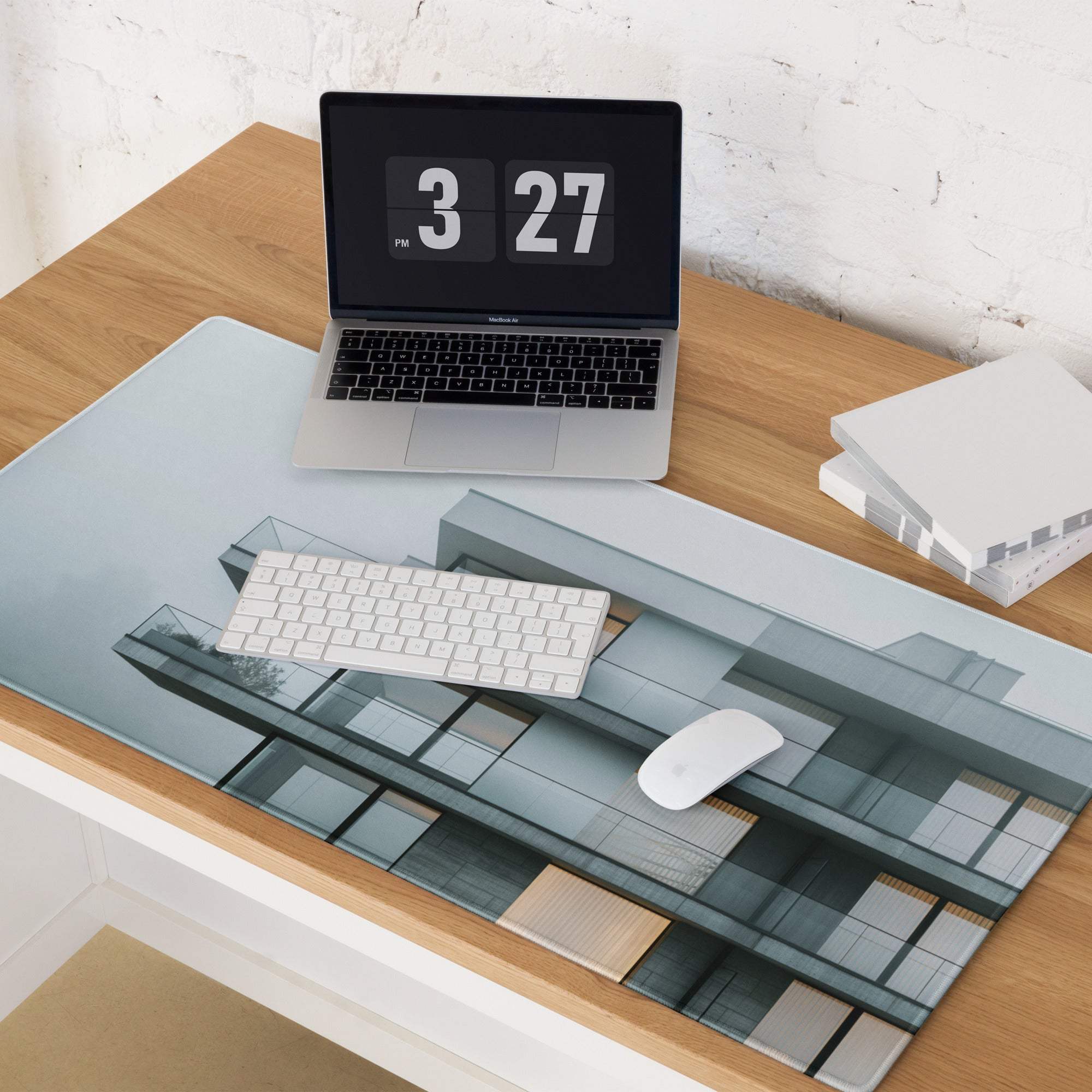 Minimalist architectural cityscape gaming mouse pad in gray white tones