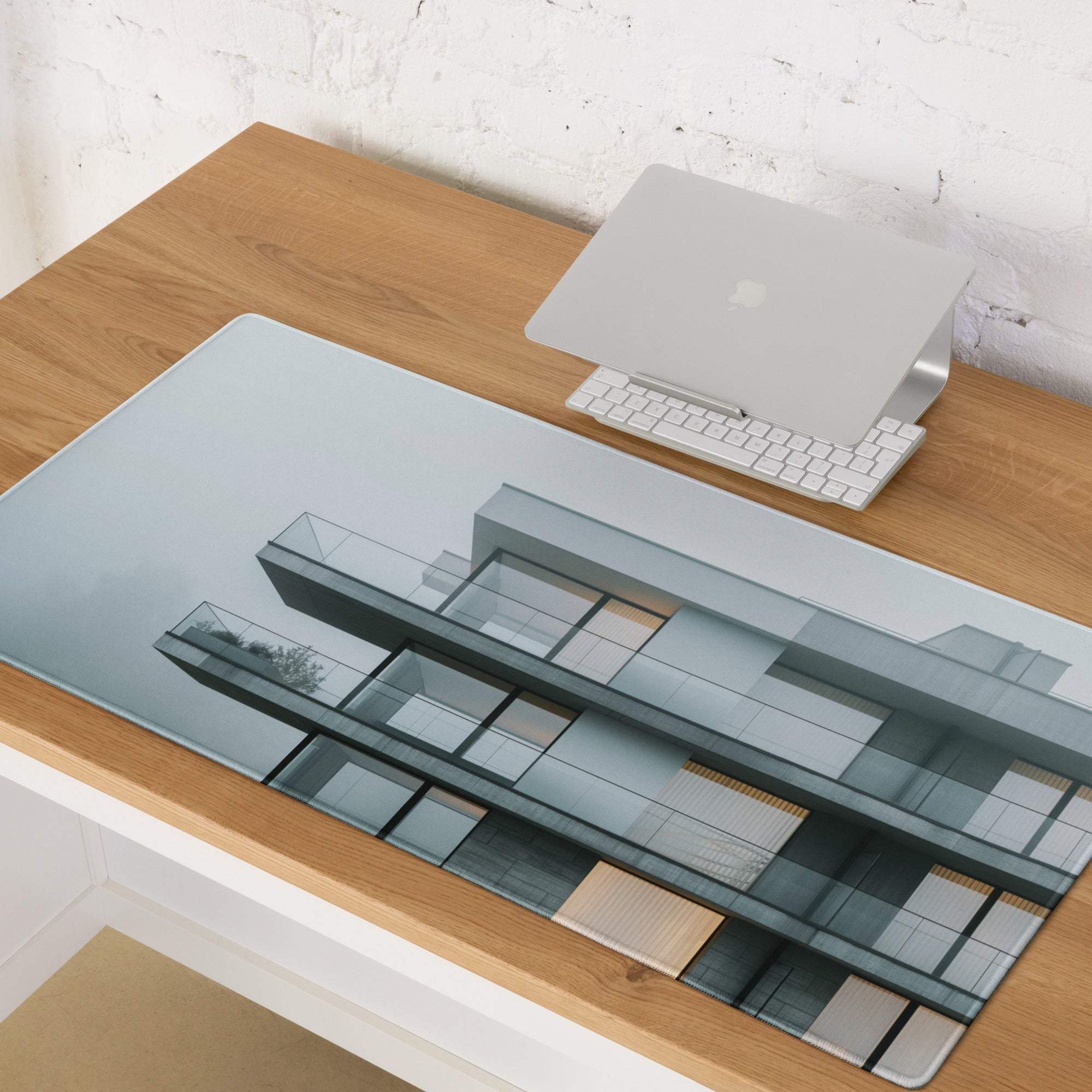 Minimalist architectural cityscape gaming mouse pad in soft blue gray, large non-slip with edge stitching