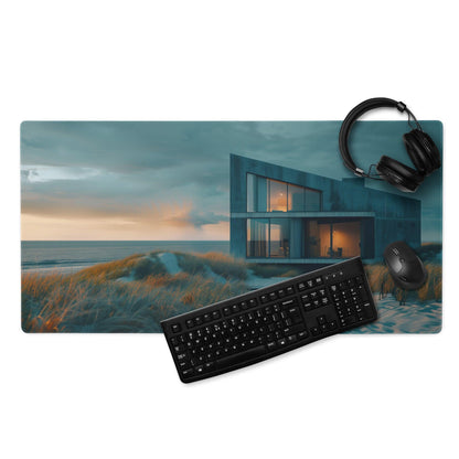 Premium moody teal large gaming mouse pad with coastal dunes and waves