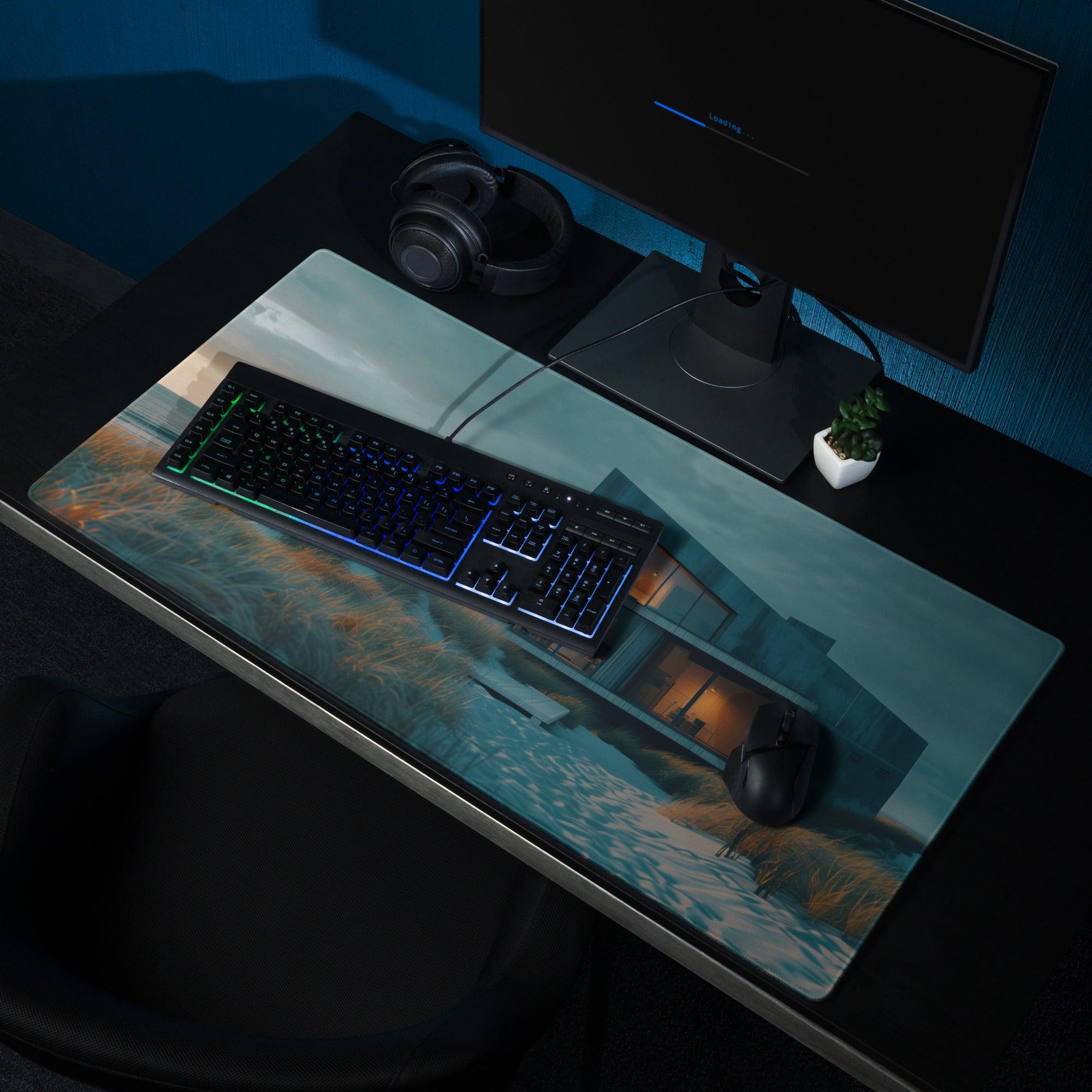 Premium moody teal gaming mouse pad with snowy house design