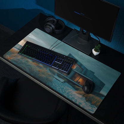 Premium moody teal gaming mouse pad with snowy house design