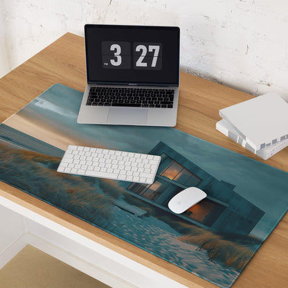 Teal brown ocean house desk mat under laptop on premium moody gaming mouse pad