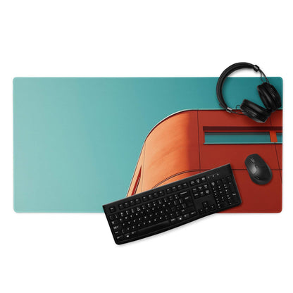 Teal sky orange modern gaming mouse pad with vintage car, headphones, keyboard