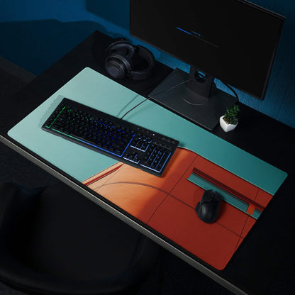 Teal Sky Orange modern gaming mouse pad with geometric design and stitching