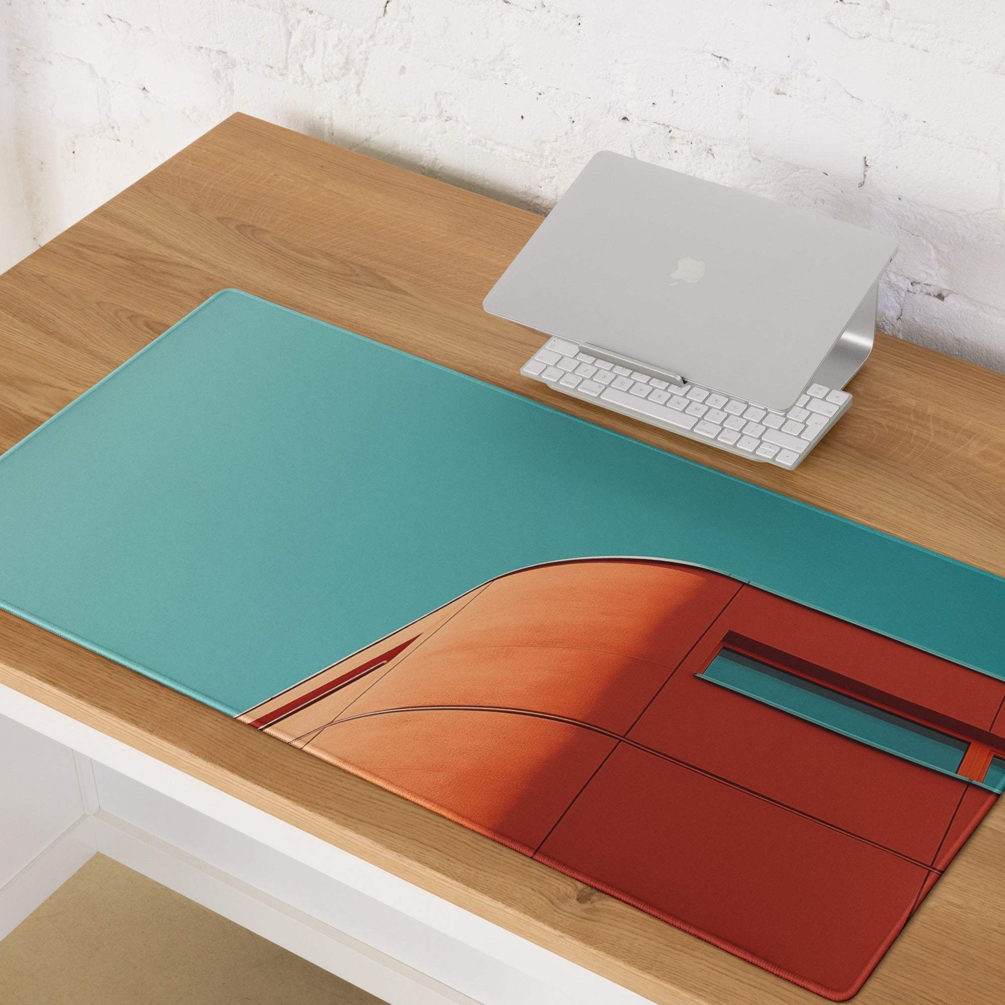 Teal sky orange modern building gaming mouse pad large with stitching