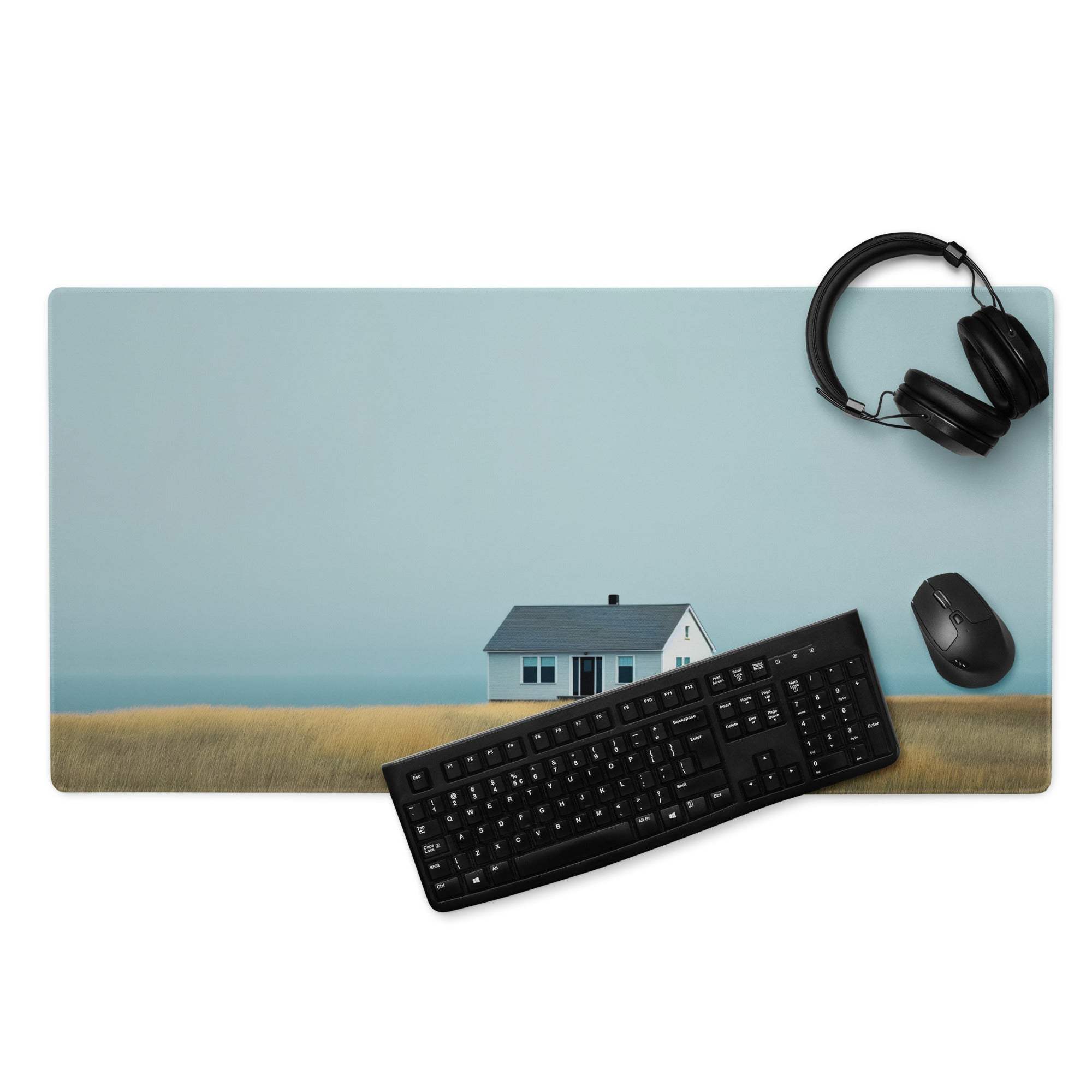 Calm coastal large gaming mouse pad with minimalist house on golden field