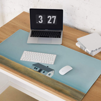 Light blue Calm Coastal house desk mat with brown stitched edge