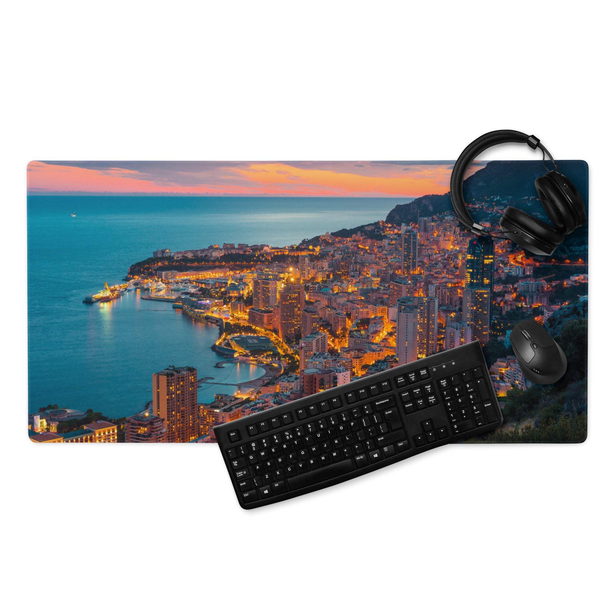 Professional coastal city sunset gaming mouse pad with vibrant nighttime skyline