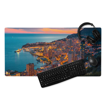 Professional coastal city sunset gaming mouse pad with vibrant nighttime skyline