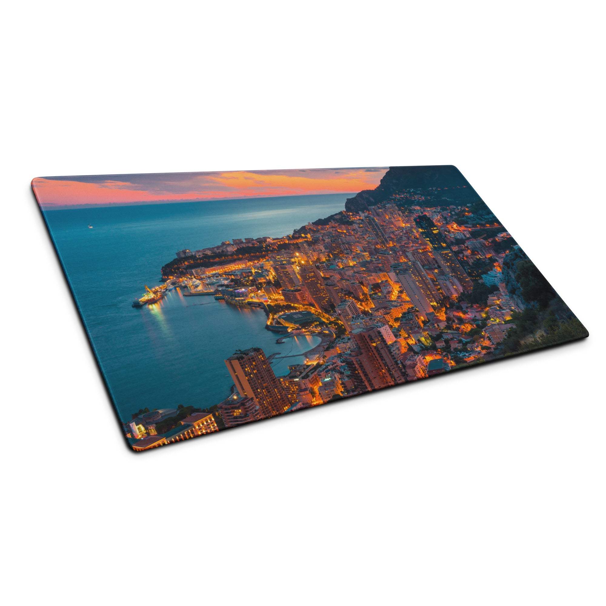 Rectangular glass cutting board with vibrant coastal city sunset mouse pad design