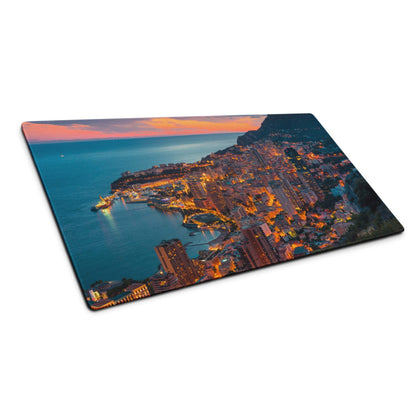 Rectangular glass cutting board with vibrant coastal city sunset mouse pad design