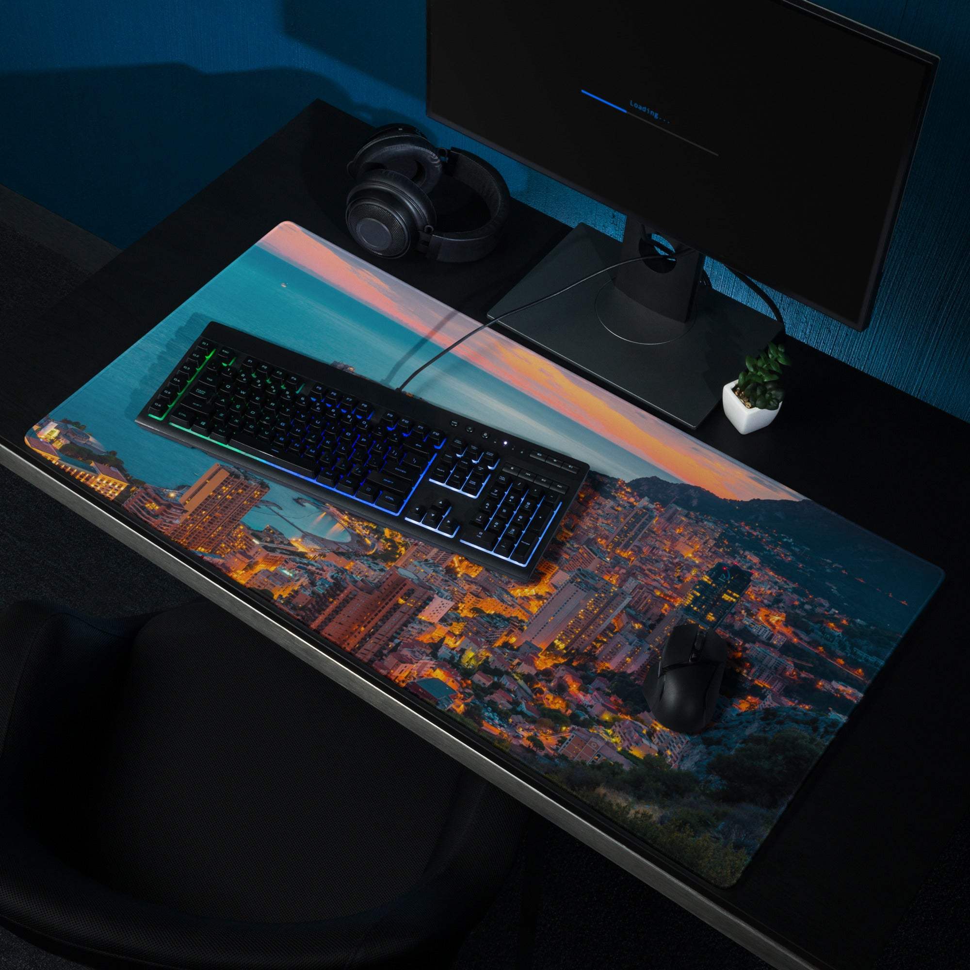 Professional coastal city sunset gaming mousepad with non-slip base