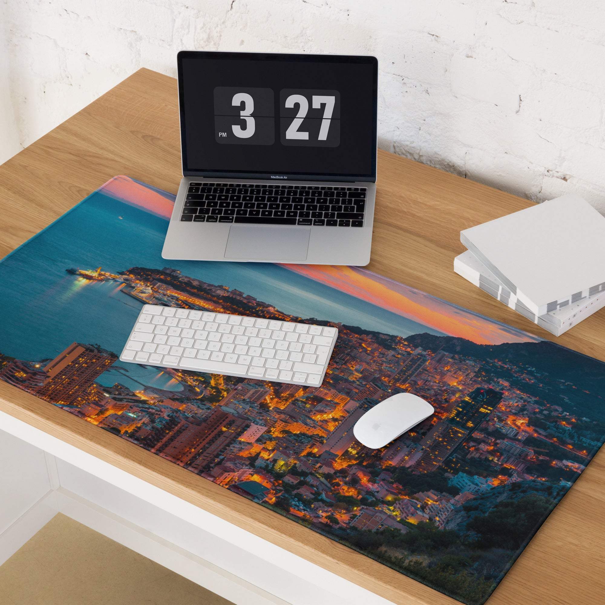 Professional coastal city sunset gaming mouse pad with vibrant orange blue hues