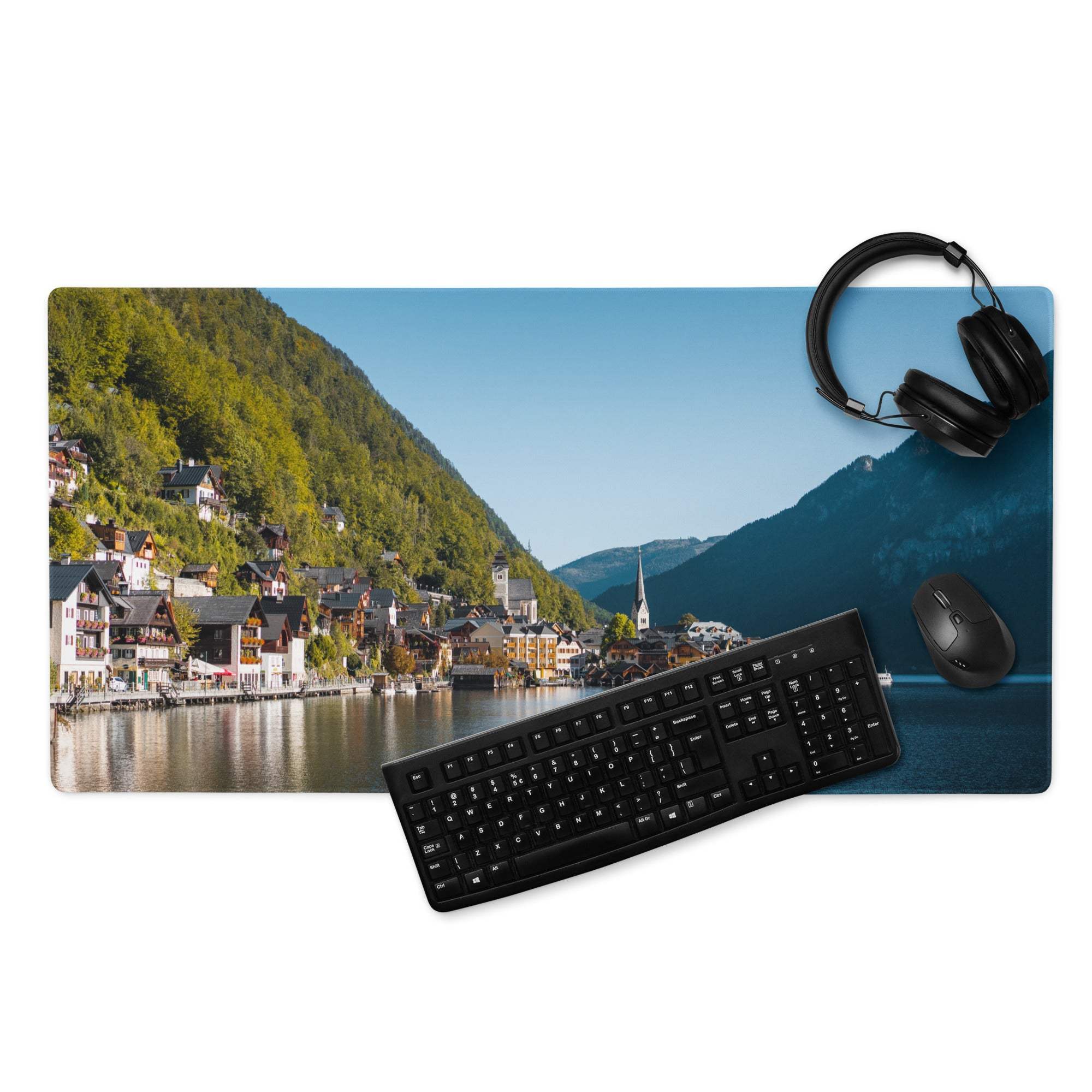 Hallstatt Austria scenic lake view large gaming mouse pad with non-slip base