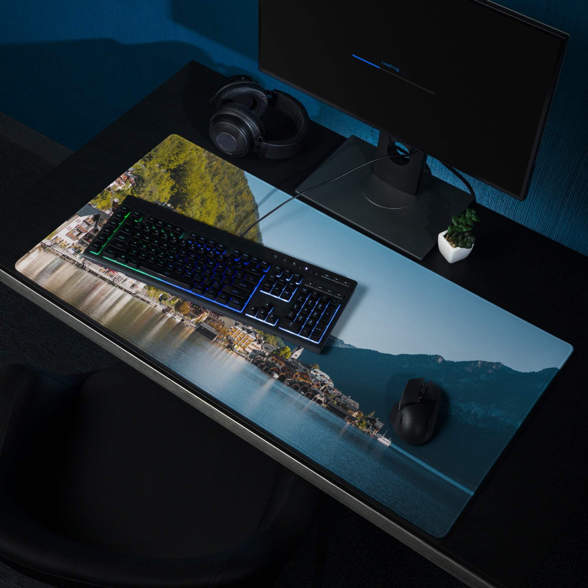 Blue Mountain Lake scenic gaming mouse pad with lakeside town print