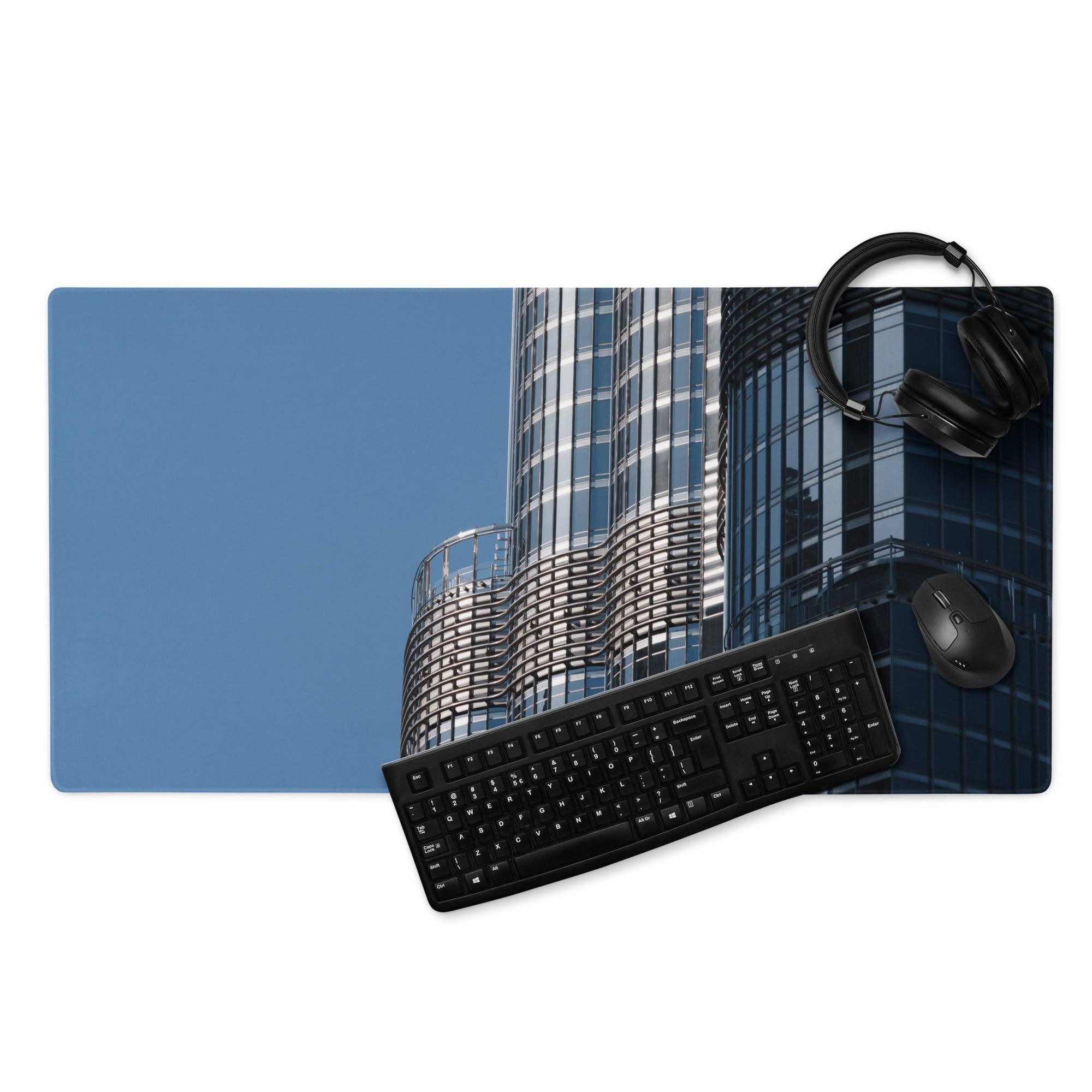 Premium large blue cityscape gaming mouse pad with skyscrapers, headphones, keyboard