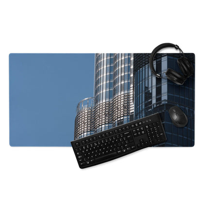 Premium large blue cityscape gaming mouse pad with skyscrapers, headphones, keyboard