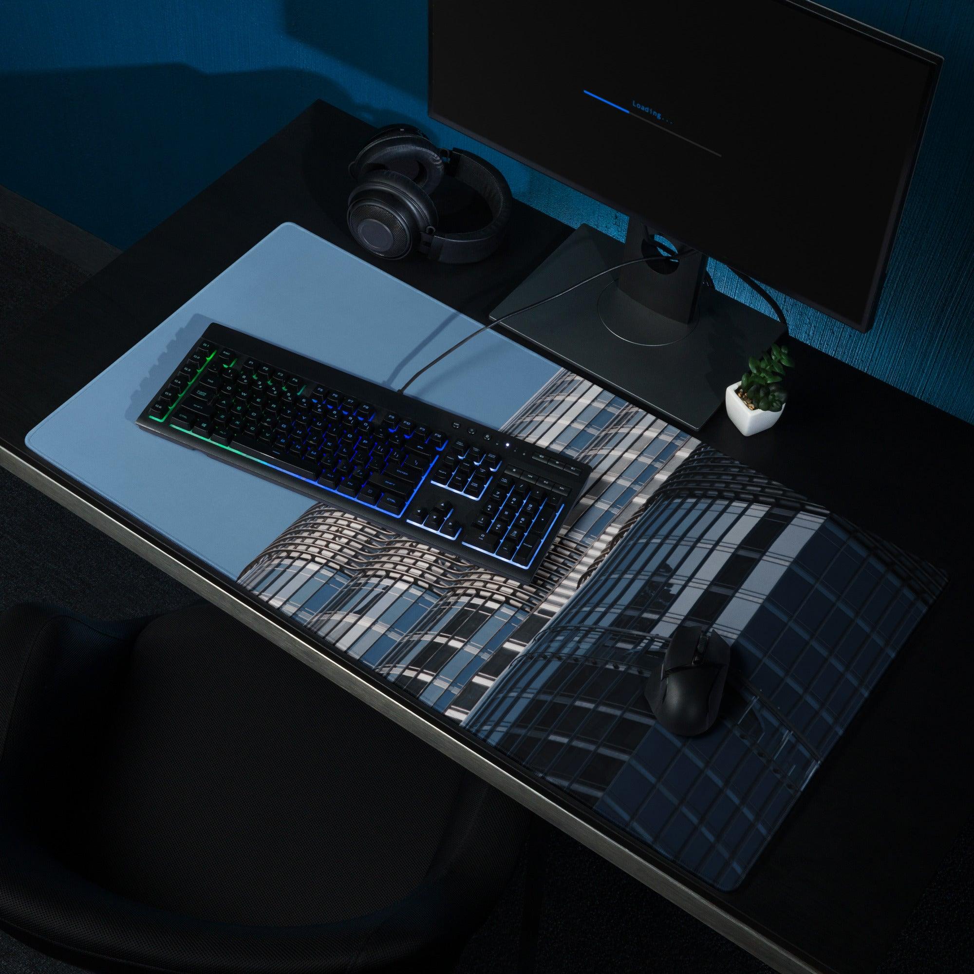 Premium large blue cityscape gaming mouse pad with non-slip base and stitched edge