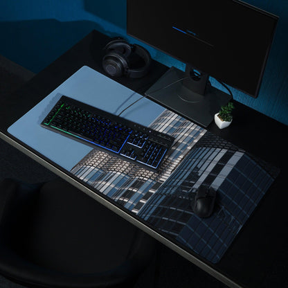 Premium large blue cityscape gaming mouse pad with non-slip base and stitched edge
