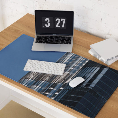 Premium large blue cityscape gaming mouse pad with stitched edge