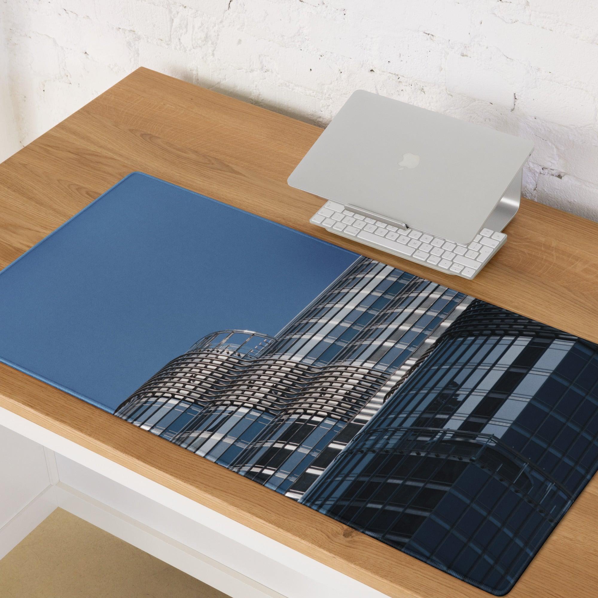 Premium large blue cityscape gaming mouse pad with non-slip base