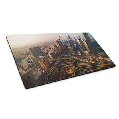 Rectangular glass cutting board with Dubai skyline aerial view