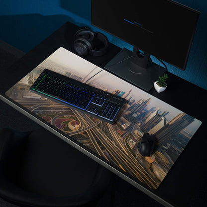 Large warm sunset Dubai skyline aerial cityscape gaming mouse pad