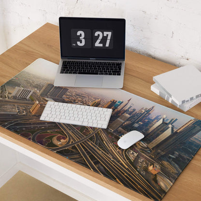 Warm sunset Dubai skyline gaming mouse pad with highways aerial view