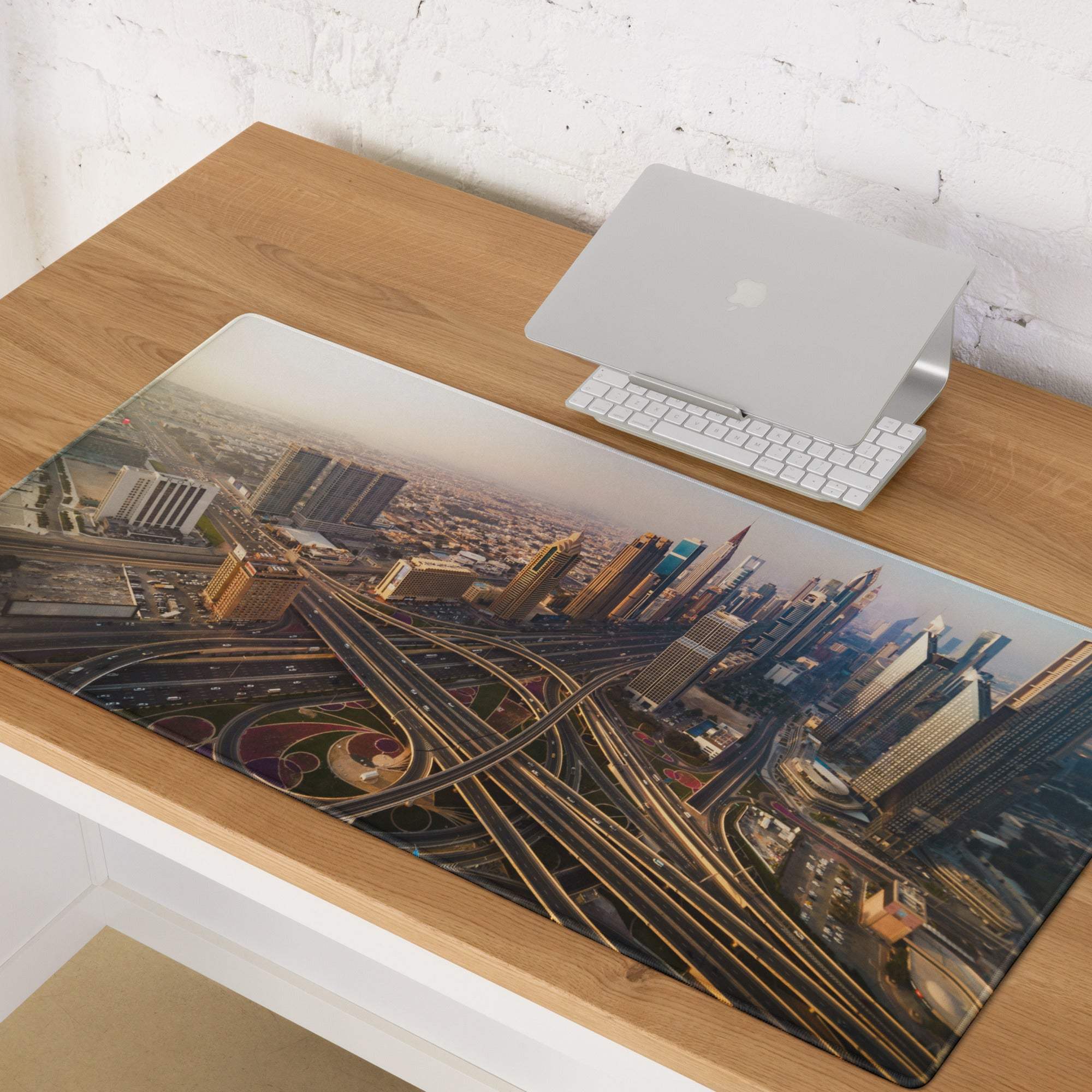 Warm sunset Dubai skyline aerial cityscape gaming mouse pad, large non-slip
