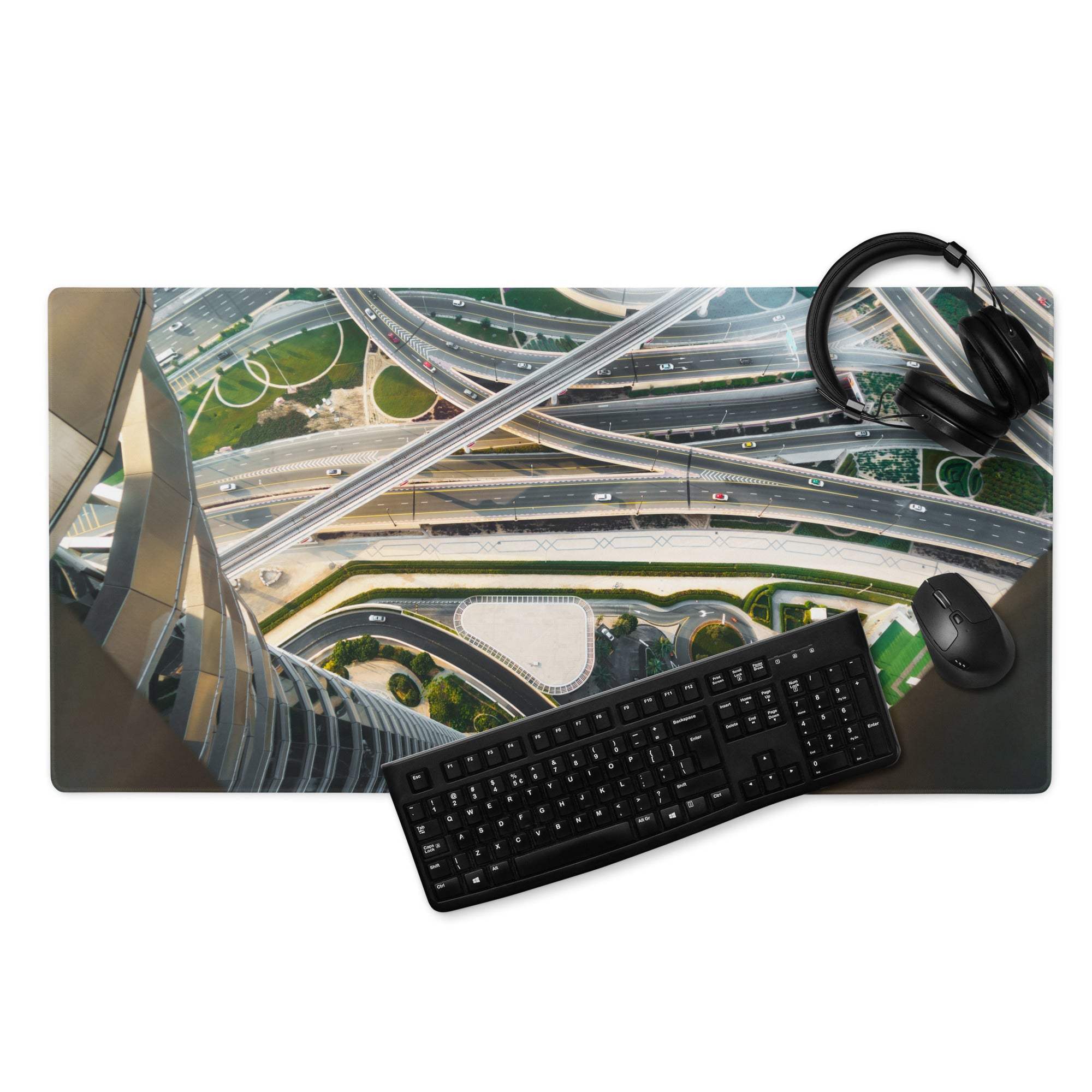 Cinematic cityscape aerial highway interchange gaming mouse pad