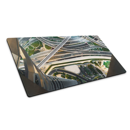 Black highway interchange cutting board on cinematic cityscape gaming mouse pad
