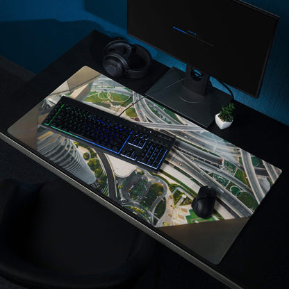 Sleek cinematic cityscape aerial highway interchange gaming mouse pad
