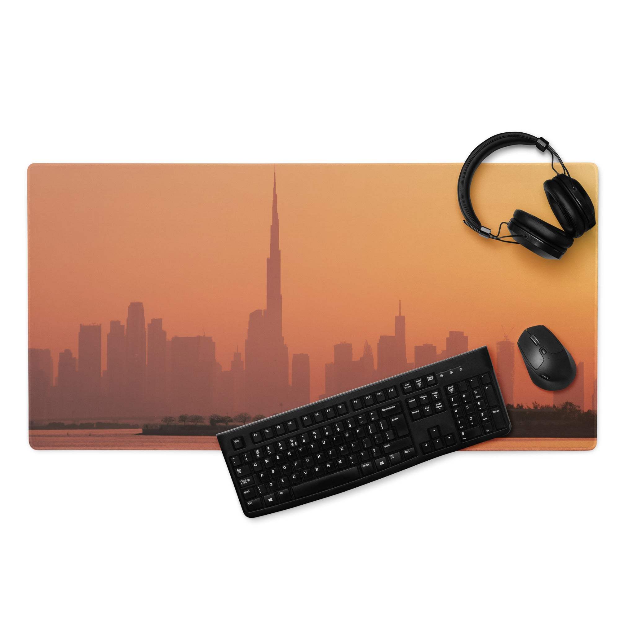 Vibrant orange Dubai Burj Khalifa sunset skyline large gaming mouse pad