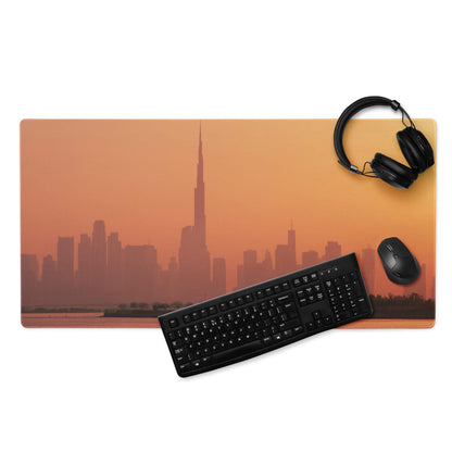 Vibrant orange Dubai Burj Khalifa sunset skyline large gaming mouse pad