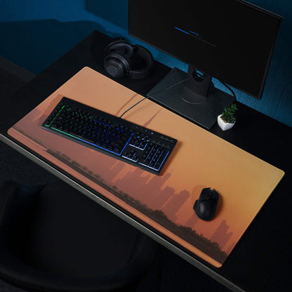 Orange sunset city skyline gaming mouse pad with non-slip base and edge stitching