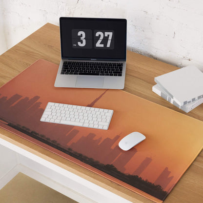 Orange sunset city skyline gaming mouse pad with non-slip base and stitching