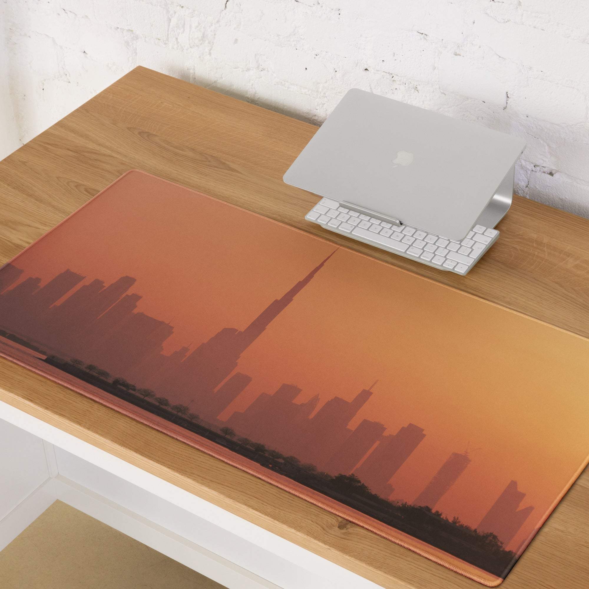 Orange sunset city skyline gaming mouse pad with skyscraper silhouettes