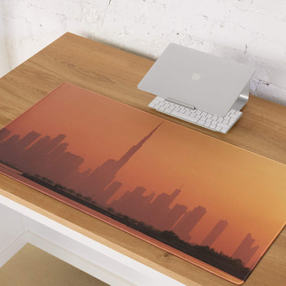 Orange sunset city skyline gaming mouse pad with skyscraper silhouettes