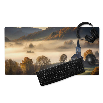 Pastoral autumn landscape gaming mouse pad with misty hills and church