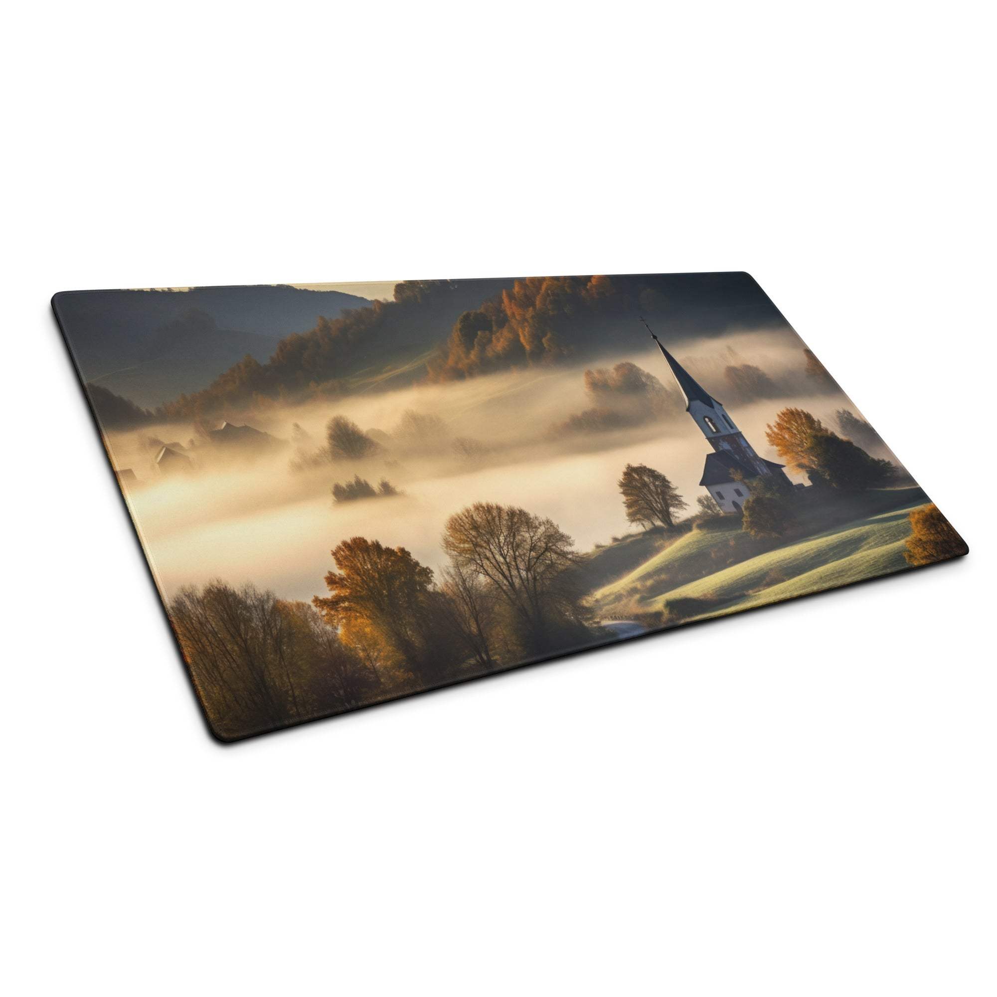 Pastoral autumn gaming mouse pad with misty hills, trees, church spire