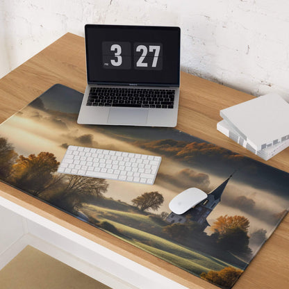 Pastoral autumn landscape gaming mousepad with church spire and golden mist